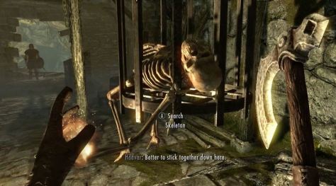 A caged skeleton in Skyrim