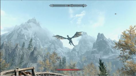 Skyrim environment with flying dragon